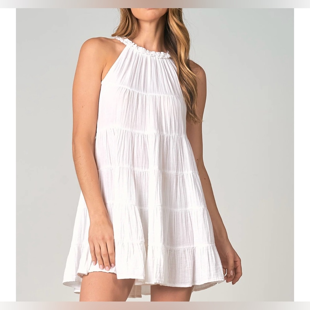 Elan Sunshine Yellow Cotton Tiered Halter Neck Dress W/ Ruffle Hem. Medium. - Picture 13 of 13